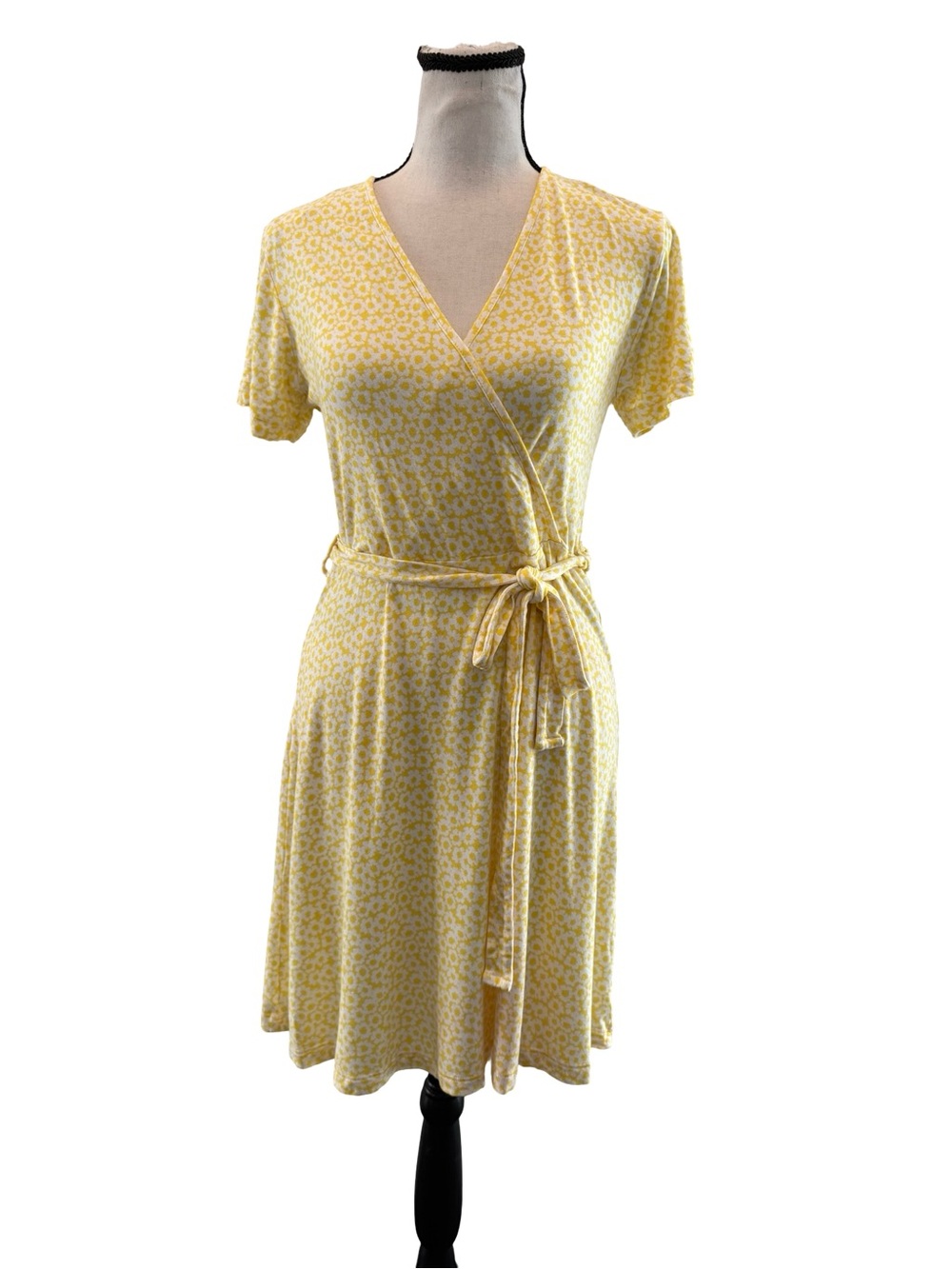 DeFacto Yellow White Floral Faux Wrap Dress Small Tie Waist Stretch